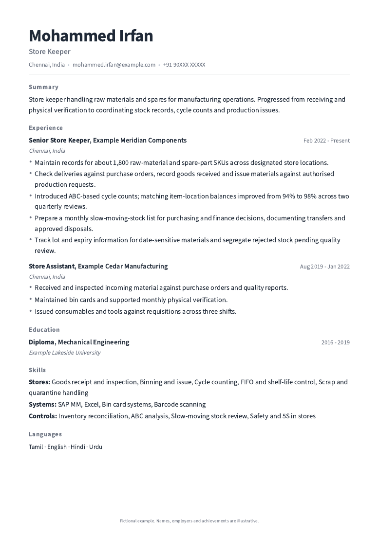 Store Keeper Resume: Manufacturing Inventory Example