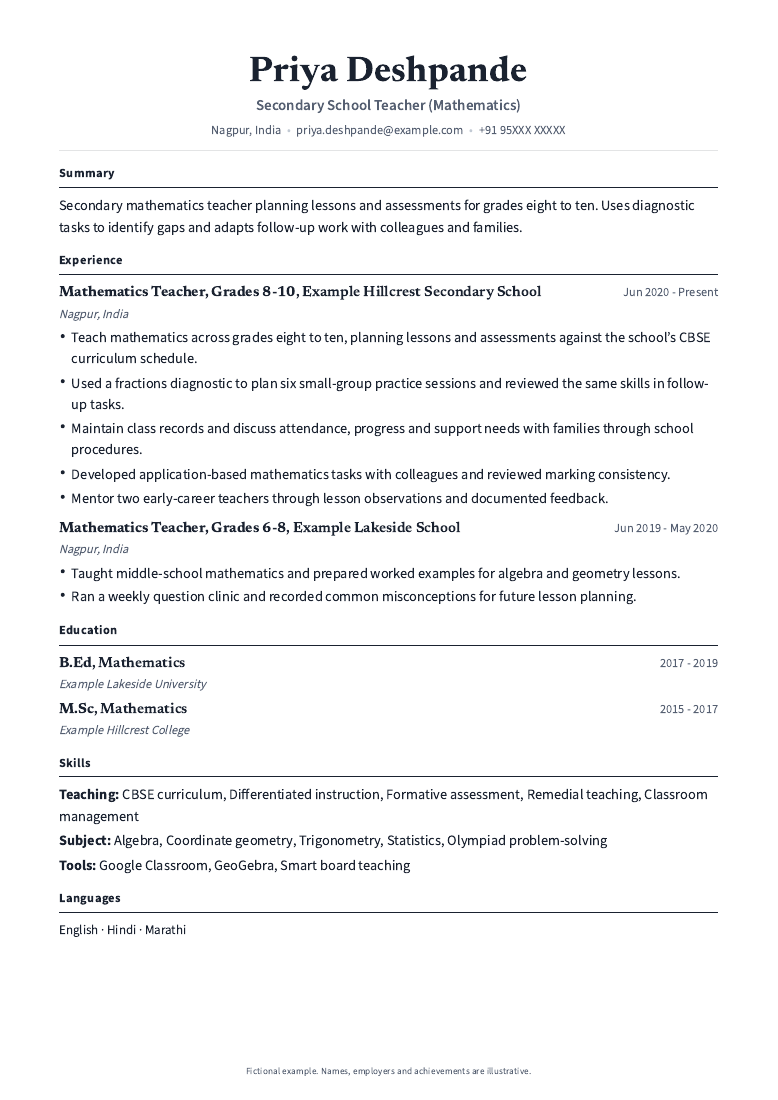 Teacher Resume Example: Secondary Mathematics